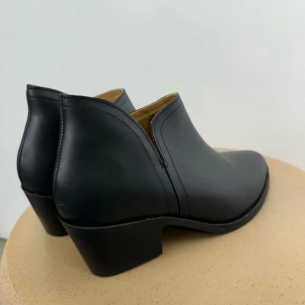 Nisolo Mia Everyday Ankle Black on Black Water Resistant Leather Stacked Heel Bo